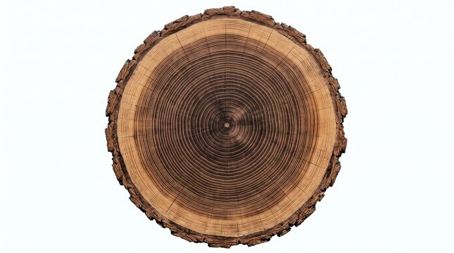 Close-up top-down view of a circular tree trunk cross-section with visible growth rings and natural bark edge on a white background.