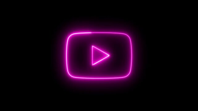 Neon pink play button icon on black background, glowing video player symbol, vibrant digital media interface element for streaming