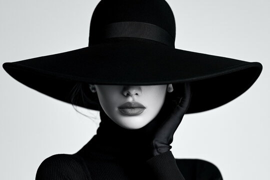 A high-fashion black and white studio portrait of a mysterious elegant woman wearing a wide-brimmed hat and black gloves, posing with hand near face, creating a sophisticated and timeless aesthetic