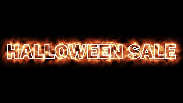 Halloween sale burning text animation. Fiery orange glowing letters on black background. Spooky holiday retail promotion video.