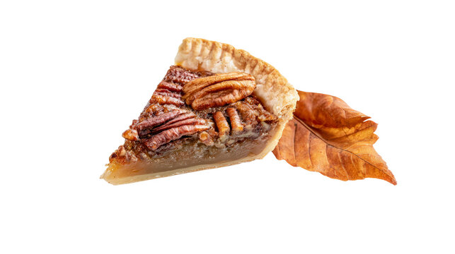 Single slice of pecan pie with autumn leaf isolated on transparent background for png digital design projects