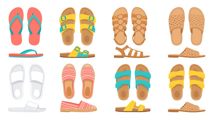 Fototapeta premium Assorted summer sandals, flip-flops, and slides in various colors and styles, isolated on a white background, style