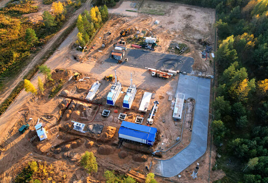 Landfill gas power plant construction, top view. LFG by decomposition of organic material in landfills. Biogas development at landfill. Renewable natural gas, carbon dioxide. Salt water desalination. 