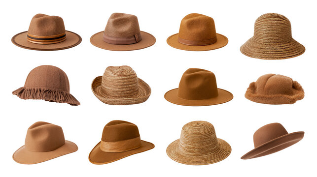 Collection of various brown hats isolated on transparent background as png files for fashion design projects