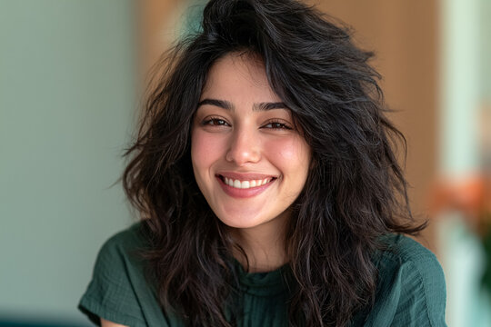 Close-up portrait of a beautiful smiling young woman with dark wavy hair and natural makeup, looking at the camera, professional headshot for business, lifestyle, corporate, and diverse branding use.