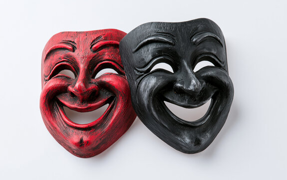 Two theatrical masks, one red and one black, with smiling faces symbolize joy and sorrow. Dramatic art faces express emotions, duality of human nature.