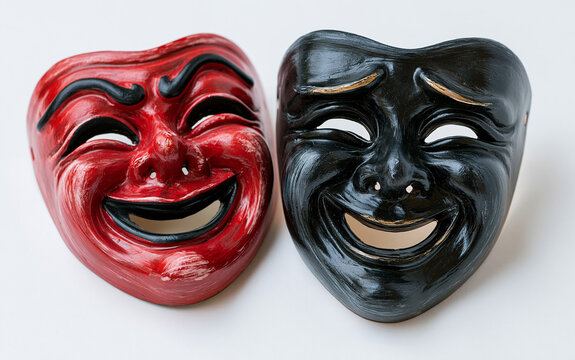 Two theatrical masks, one red and one black, with smiling faces symbolize joy and sorrow. Dramatic art faces express emotions, duality of human nature.