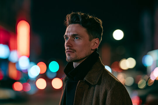 A cinematic headshot of a handsome young man with blue eyes and stubble standing on a city street at night, wearing a stylish brown coat and black turtleneck, with beautiful urban bokeh background.