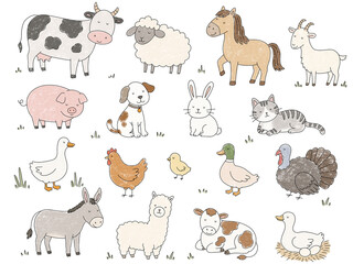 Naklejka premium Hand drawing barnyard animals collection with farm pets