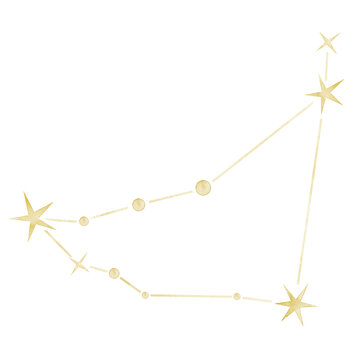 Capricorn watercolor constellation illustration on isolated background. Golden zodiac star map for astrology, horoscope, nursery decor, celestial collections and fantasy designs.