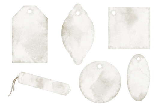 Gift tag watercolor set. Collection of blank vintage paper tags isolated on background. Decorative templates for packaging, stationery and branding projects. Art in pastel colors.