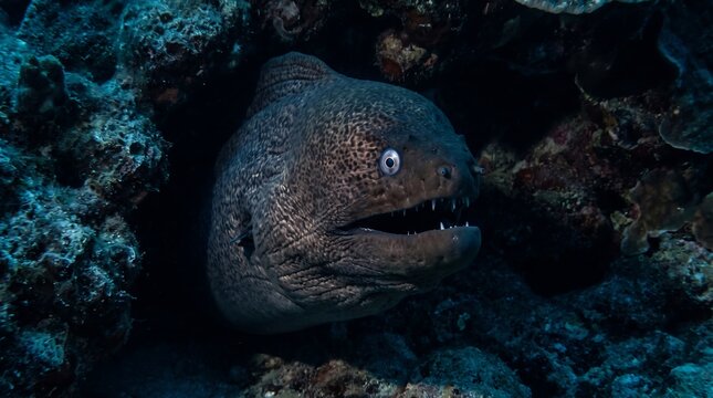 Giant moray eel peering from cave underwater reef