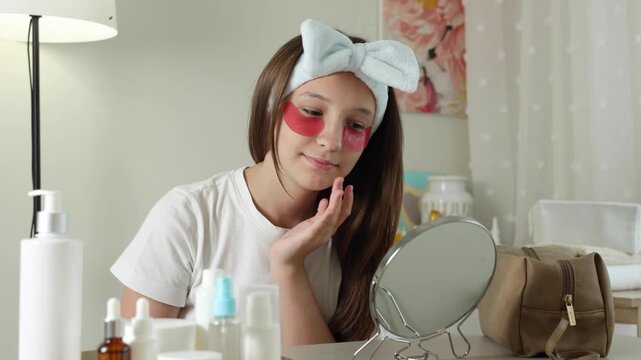 Teenage girl wearing under-eye patches and enjoying her daily skincare routine at home. Teen skincare, facial care, self care, healthy skin and beauty routine concept. 