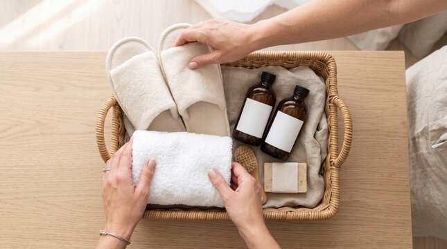 Hands packing a white towel into a wicker basket alongside soft slippers and amber glass apothecary bottles