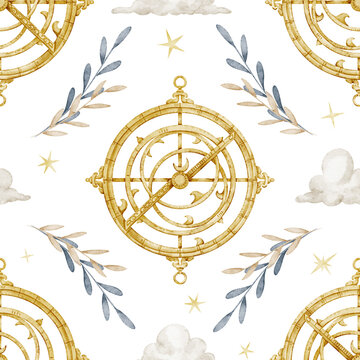 Astrolabe seamless watercolor pattern with celestial ornaments isolated on background. Vintage repeat design for fabric, wallpaper, wrapping paper, stationery and nursery decor.