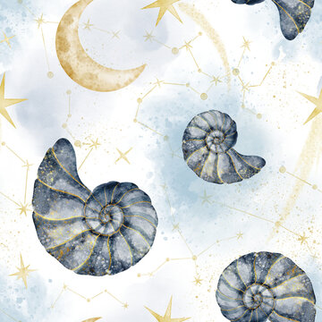 Nautilus seamless watercolor pattern isolated on background. Ocean inspired repeat for fabric, wallpaper, nursery textiles and wrapping paper.