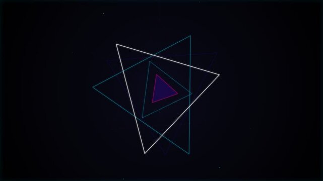 Abstract geometric shapes with glowing overlapping neon lines on a dark background, concept for triangle transformation and cosmic portal, ideal for techno music album art and sci-fi backgrounds.