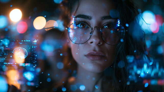 Young Woman Working with Artificial Intelligence and Neural Interface