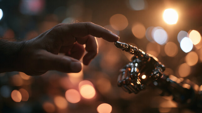 Human and Robotic Hands Touching at Fingertips Concept