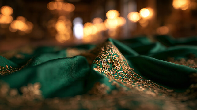 Emerald Green Fabric with Luxurious Gold Embroidery