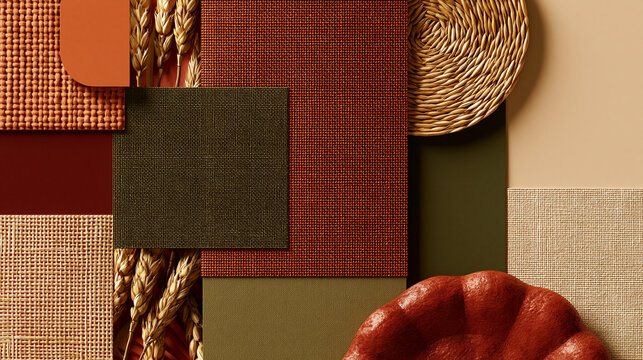 Interior Design Mood Board with Fabric Swatches and Natural Materials