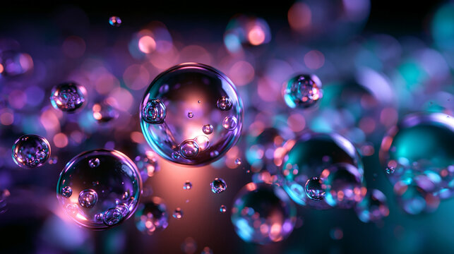 Abstract Glowing Spheres and Bubbles Floating in Colorful Light