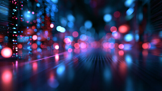 Abstract Futuristic Neon City Bokeh Lights with Reflections