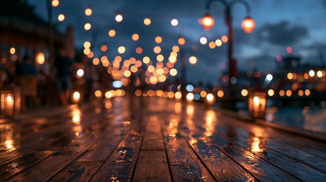Festive String Lights Bokeh on Wet Wooden Pier at Night