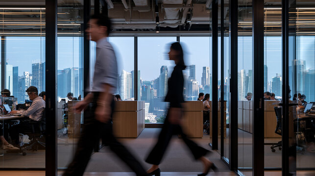 Blurred Business People Walking in Modern Corporate Office