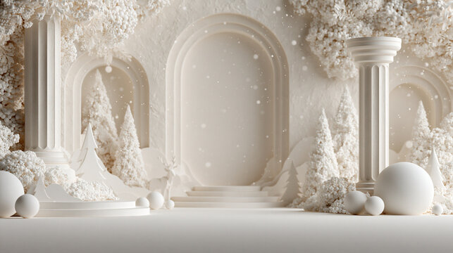 White Minimalist Podium Stage with Classical Arch and Winter Decor
