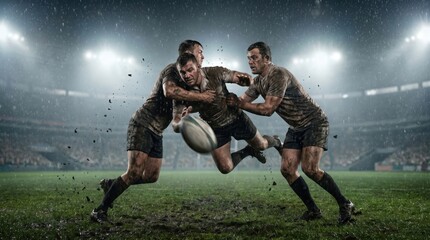 Naklejka premium Rugby Players Tackle in Rain at Stadium. Concept of rugby player, rugby match, rugby game, action portrait.