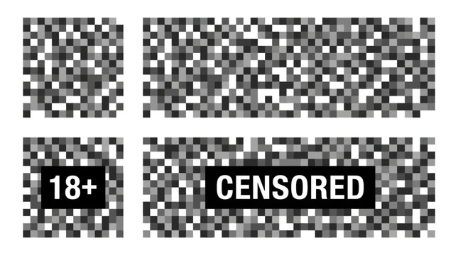 Monochrome digital pixelated mosaic vector illustration featuring various rectangular censored blocks with stark white bold text