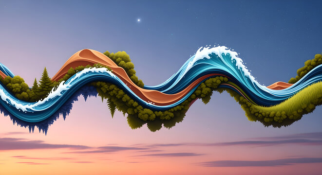 River flowing through forest landscape layered night sky waves