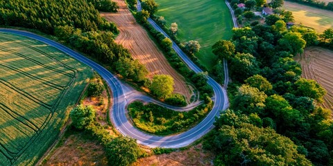 Obraz premium Aerial view of a winding asphalt road curving through lush green fields and forests during golden hour.