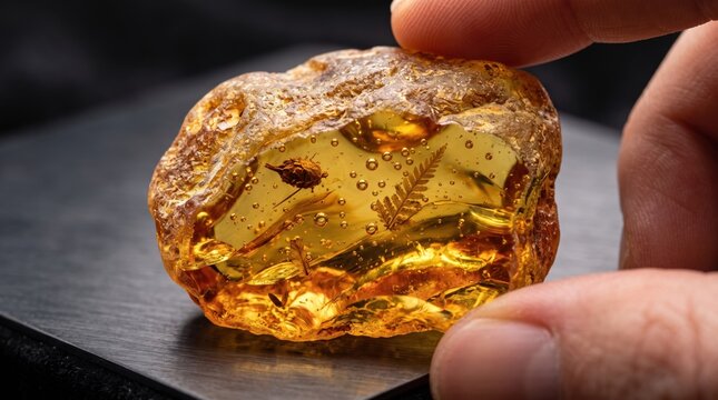 Person Holding Natural Amber Stone with Fossil Inclusion Close Up. Concept of prehistoric, resin.