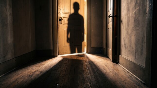 Eerie Silhouette Shadow in Dark Doorway of Old House. Concept of scary shadow, mysterious doorway, silhouette intruder, horror concept, dark hallway. Copy space.