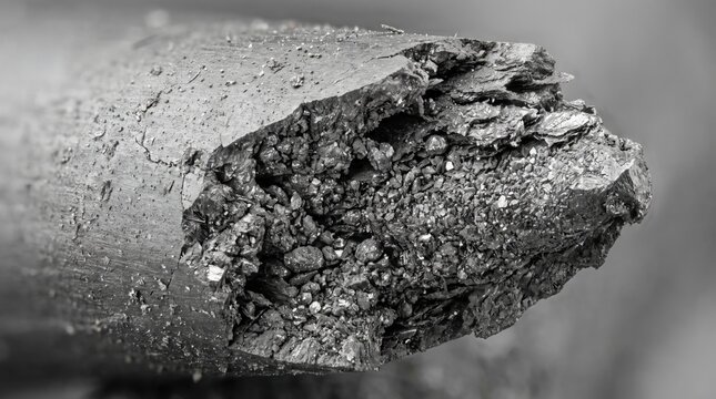 Macro Shot of Broken Charcoal Piece Showing Internal Crystalline Texture and Carbon Structure Details. Concept of burnt wood, mineral structure.