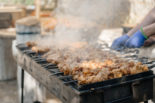 Delicious shish kebab roasting on skewers over hot coals at an outdoor summer barbecue gathering