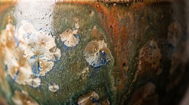 Close Up Of Crystalline Glaze Pottery Surface Texture. Concept of ceramic glaze, handmade ceramics, ceramic texture.