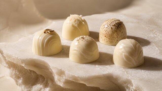Luxury White Chocolate Truffles on Natural Stone Base. Concept of gourmet truffles, luxury sweets, artisan praline, hand crafted candy. Copy space.