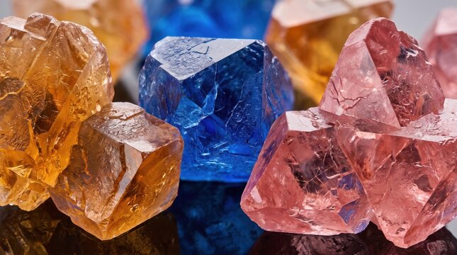 Colorful Raw Crystals Macro Gemstone Minerals Close Up. Concept of gemstones, rough stones, colorful crystal, quartz.