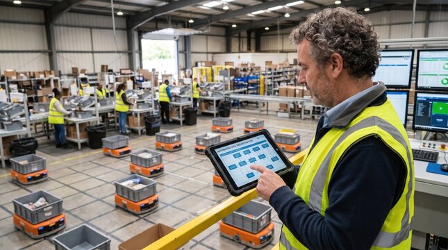 Warehouse Manager Using Tablet to Control Automated Guided Vehicles and Logistics System. Concept of smart warehouse, warehouse automation, logistics management, automated guided vehicle, agv robot.