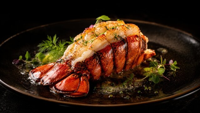 Delicious Baked Lobster Tail Served with Herbs on Dark Plate. Concept of grilled lobster, seafood, cooked lobster, gourmet food. Copy space.