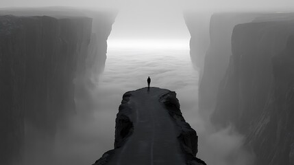 Fototapeta premium 206. A psychological art piece about Decidophobia (fear of making decisions). A person standing at a fork in the road, where both paths instantly turn into vertical, jagged cliffs rising into 
