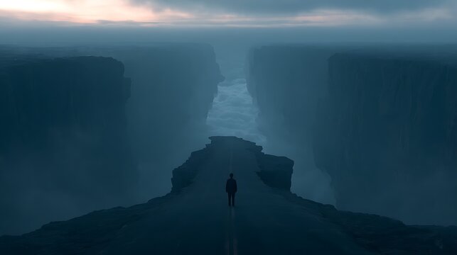 206. A psychological art piece about Decidophobia (fear of making decisions). A person standing at a fork in the road, where both paths instantly turn into vertical, jagged cliffs rising into 