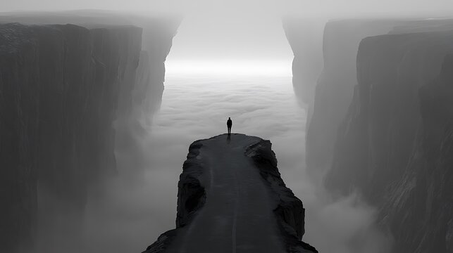 206. A psychological art piece about Decidophobia (fear of making decisions). A person standing at a fork in the road, where both paths instantly turn into vertical, jagged cliffs rising into 