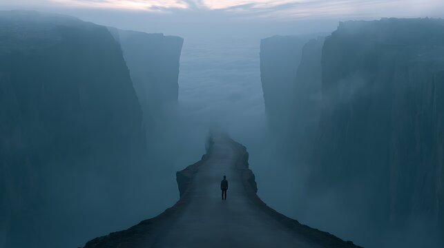 206. A psychological art piece about Decidophobia (fear of making decisions). A person standing at a fork in the road, where both paths instantly turn into vertical, jagged cliffs rising into 