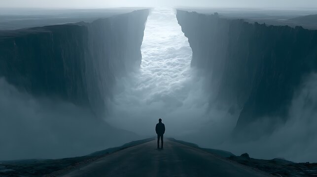 206. A psychological art piece about Decidophobia (fear of making decisions). A person standing at a fork in the road, where both paths instantly turn into vertical, jagged cliffs rising into 