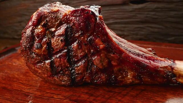 Juicy grilled tomahawk steak with perfect char marks resting on a rustic wooden board. Close up panning shot of premium bone-in ribeye beef.