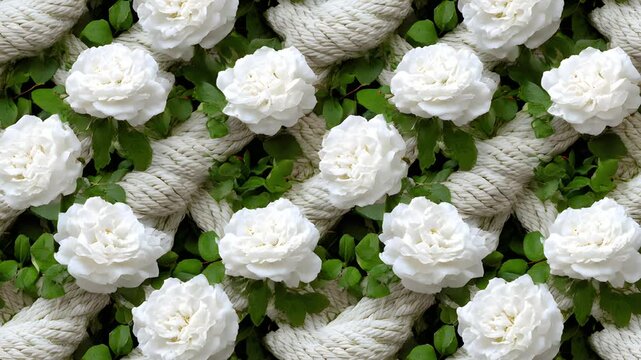 Pattern motion background loop featuring white roses and twisted ropes. Beautiful floral video backdrop with green leaves and elegant blooming ivory flowers.